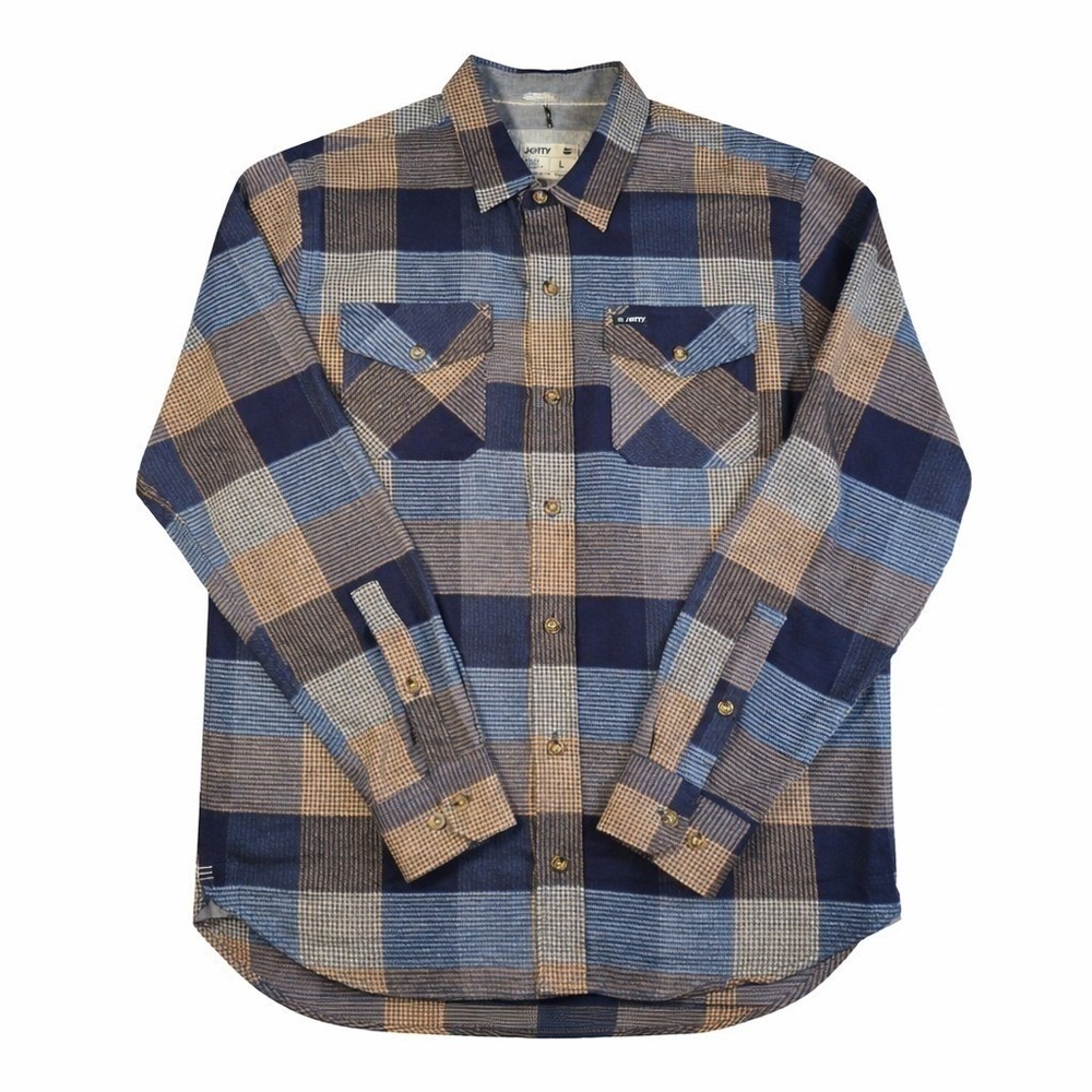 Jetty "Breaker" 100% Cotton Flannel Shirt - Navy/Tan Plaid - Large F21